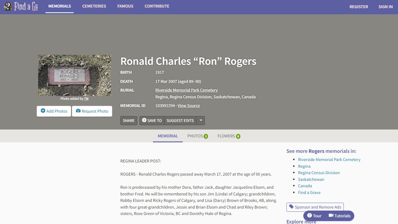 Ronald Charles “Ron” Rogers (1917-2007) - Find a...