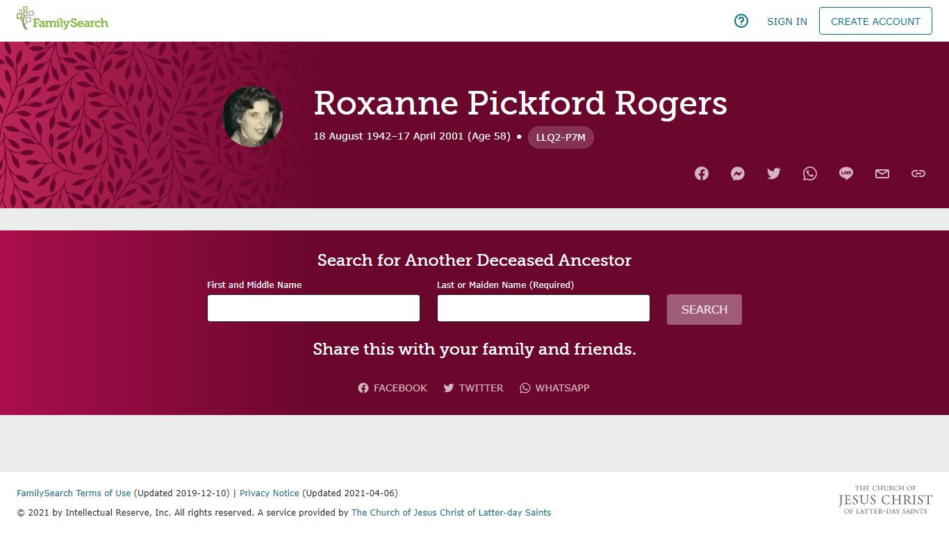 Roxanne Pickford Rogers (1942–2001) • FamilySearch